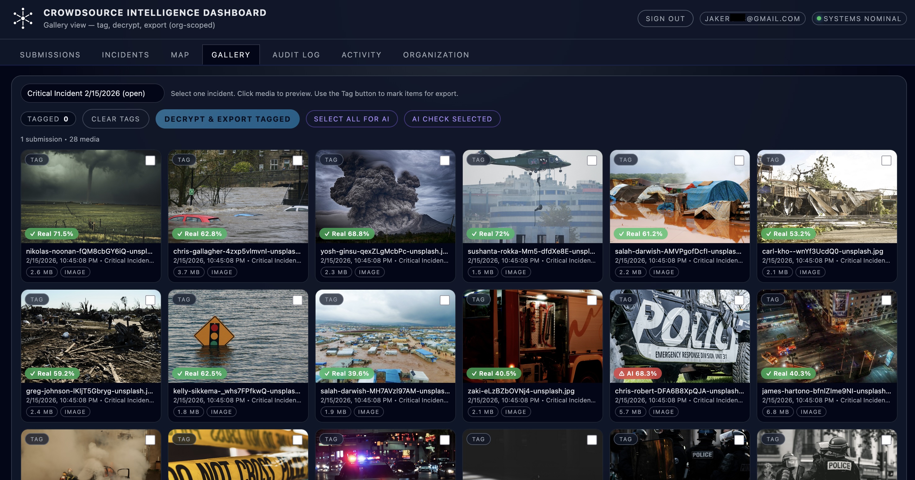 Gallery view showing evidence grid with AI authenticity badges and tagging tools