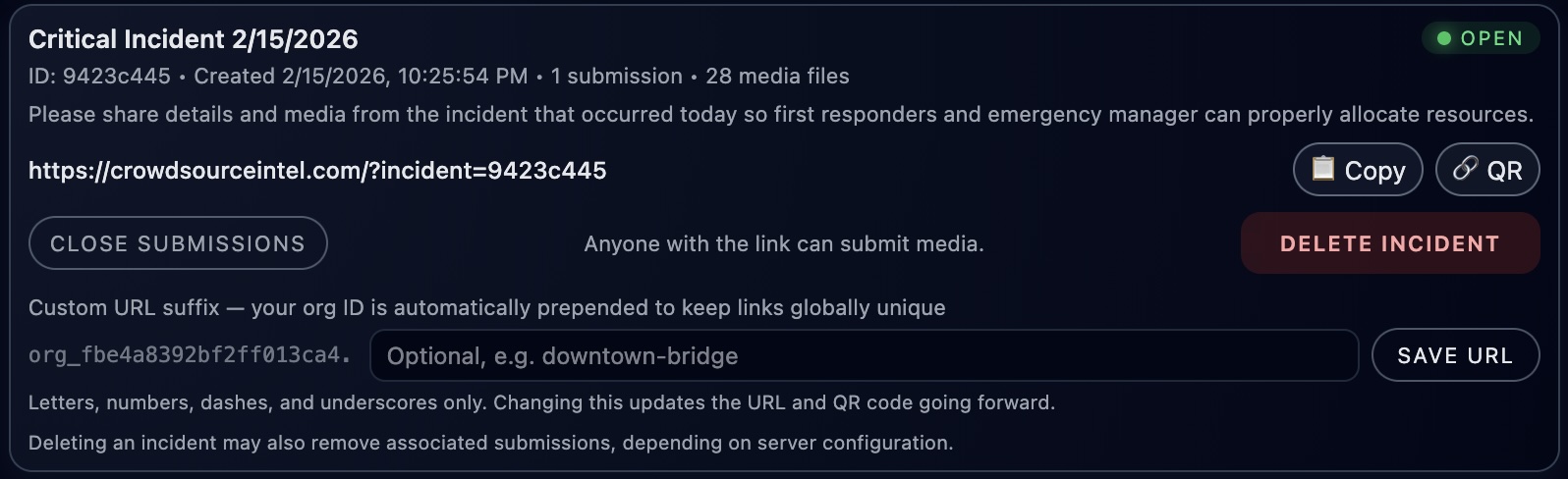 Incident detail view with shareable link, QR code, and custom URL configuration