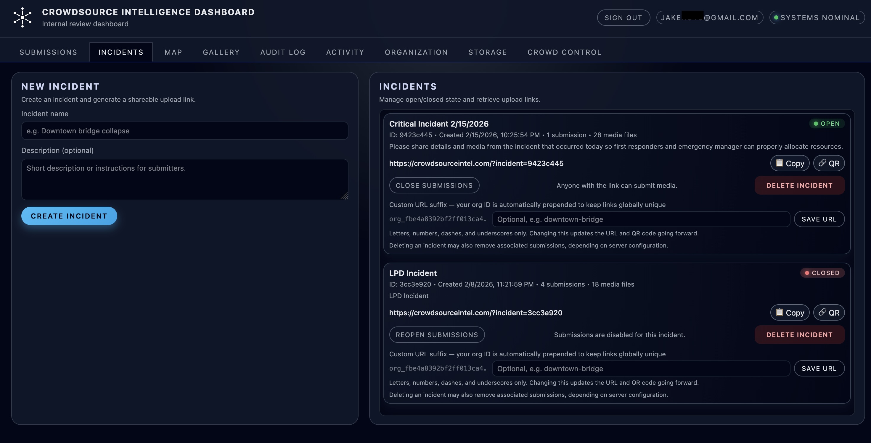 CrowdSource admin dashboard showing incident creation and management